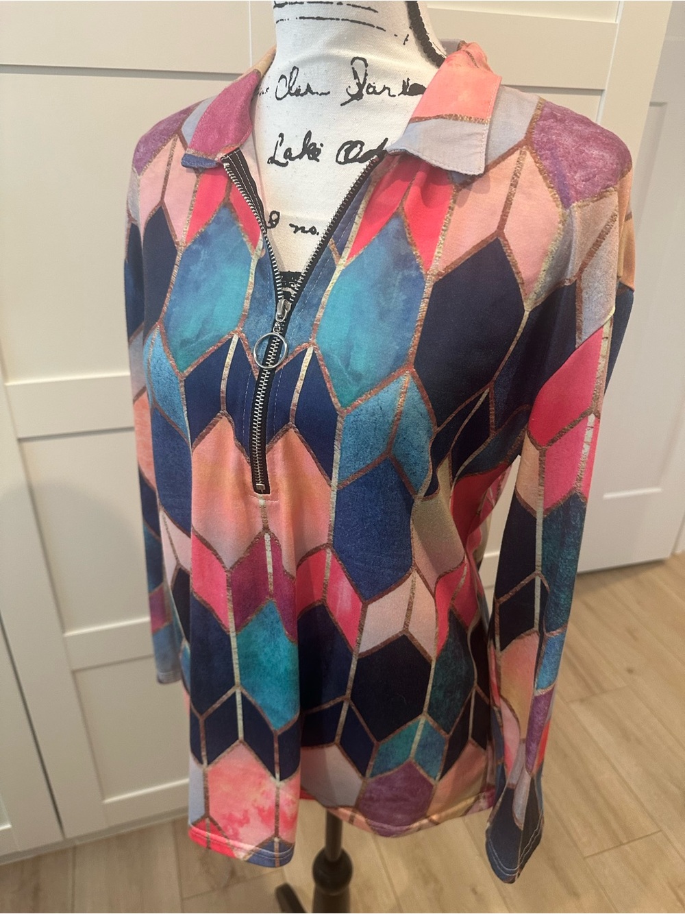 Women's Multi-Color Geometric Zip-Front Top size medium